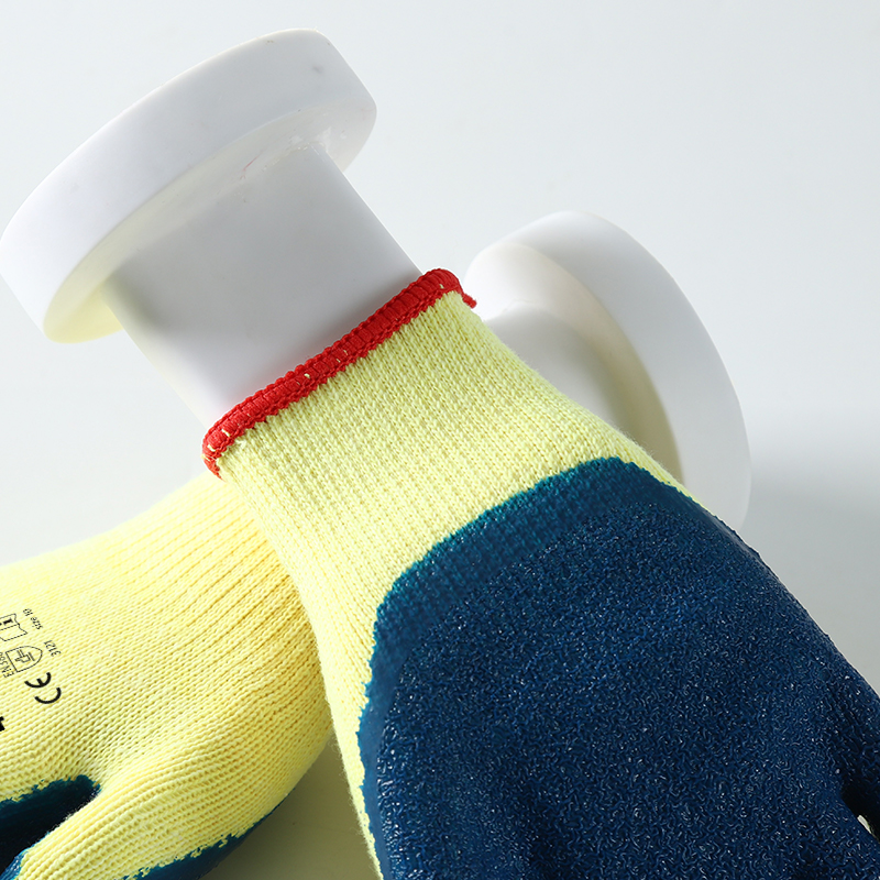 Yellow And Blue 10G Cotton Agriculture Safety Work Safety Latex Crinkle Palm Coated Hand Gloves