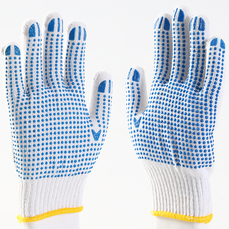 Blue color PVC dotted bleached white cotton gloves
