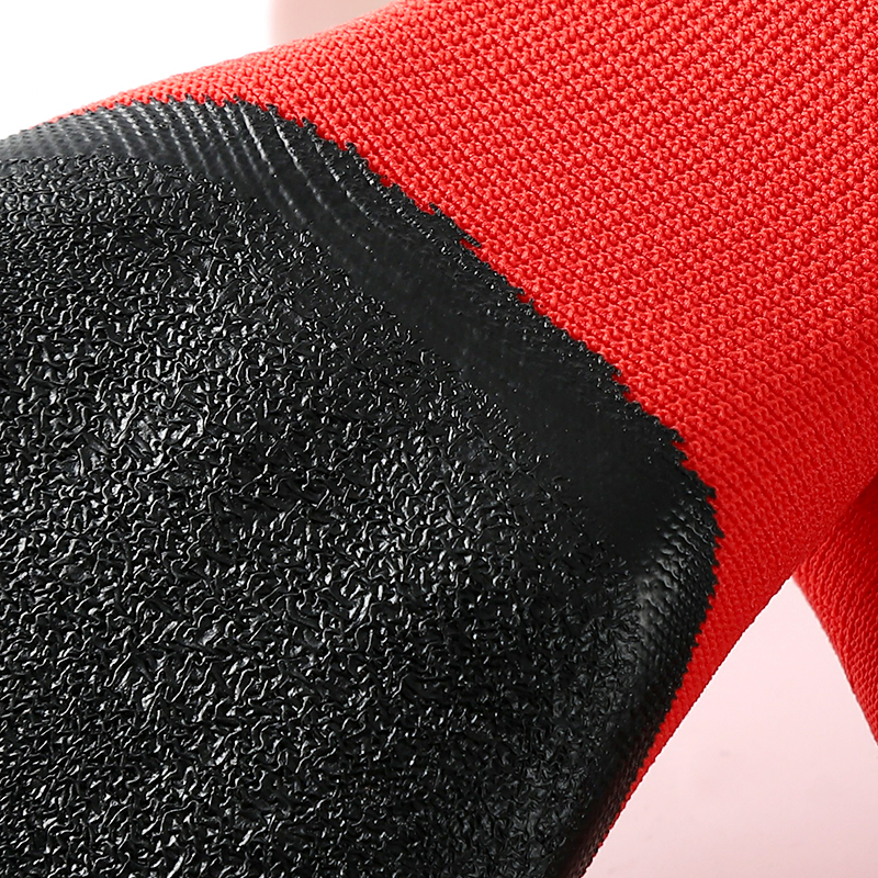                 Red polyester with black crinkle latex coated gloves            