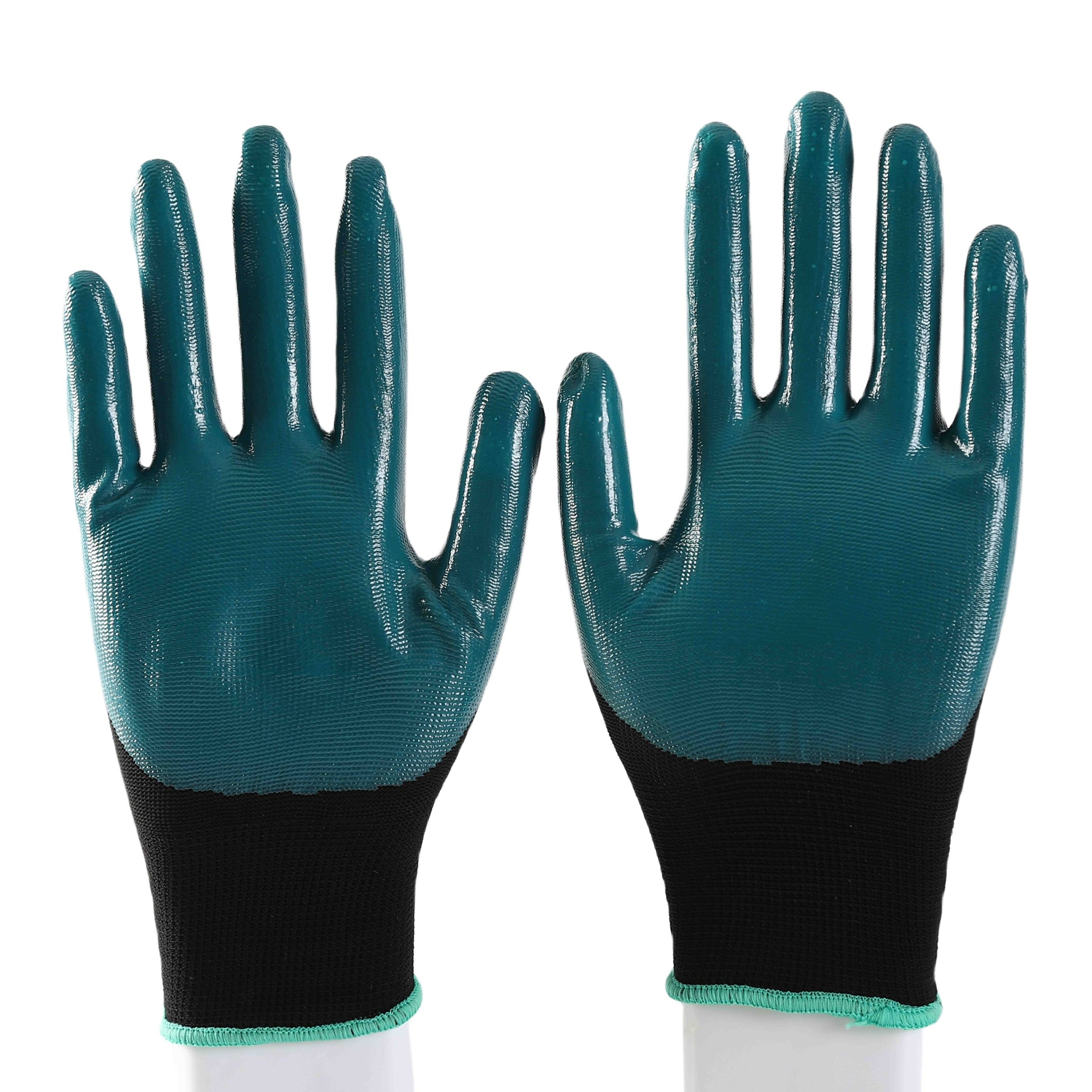                 Blue polyester with black nitrile coating gloves            