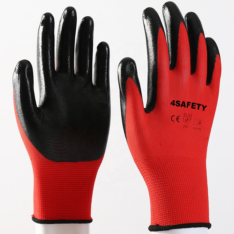 China Factory 13G Red Polyester Liner Nitrile Coated Gloves Industrial Working Gloves