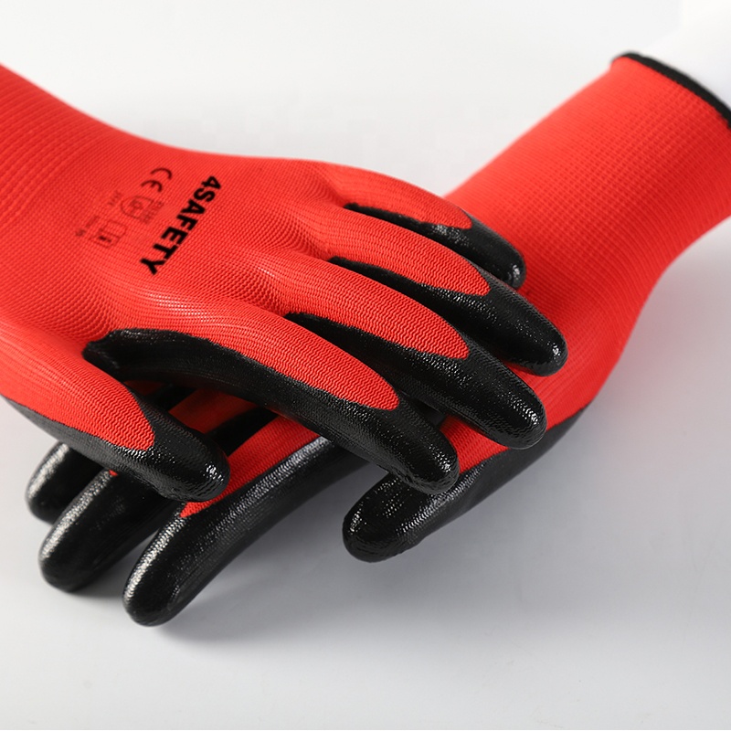 Red Polyester Lining Coating Black Nitrile Coated General Purpose Work Gloves