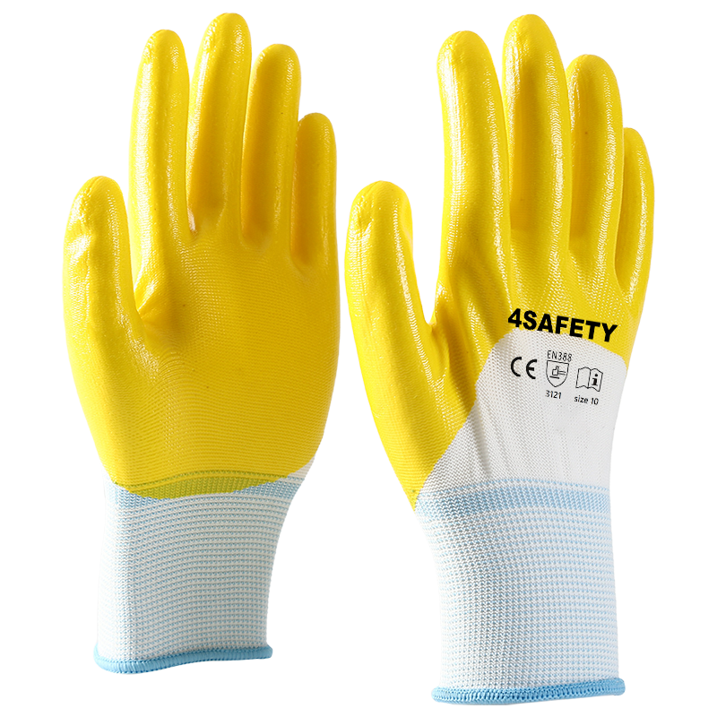 Yellow 13 Gauge Polyester Liner Nitrile Half Coated Polyester Gloves