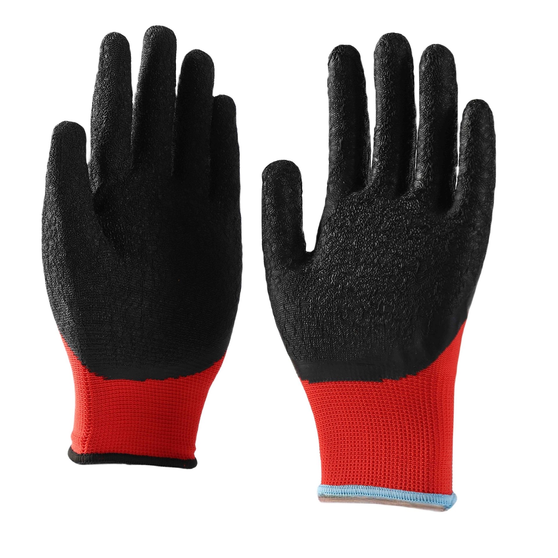 Red polyester with black crinkle latex half coated gloves