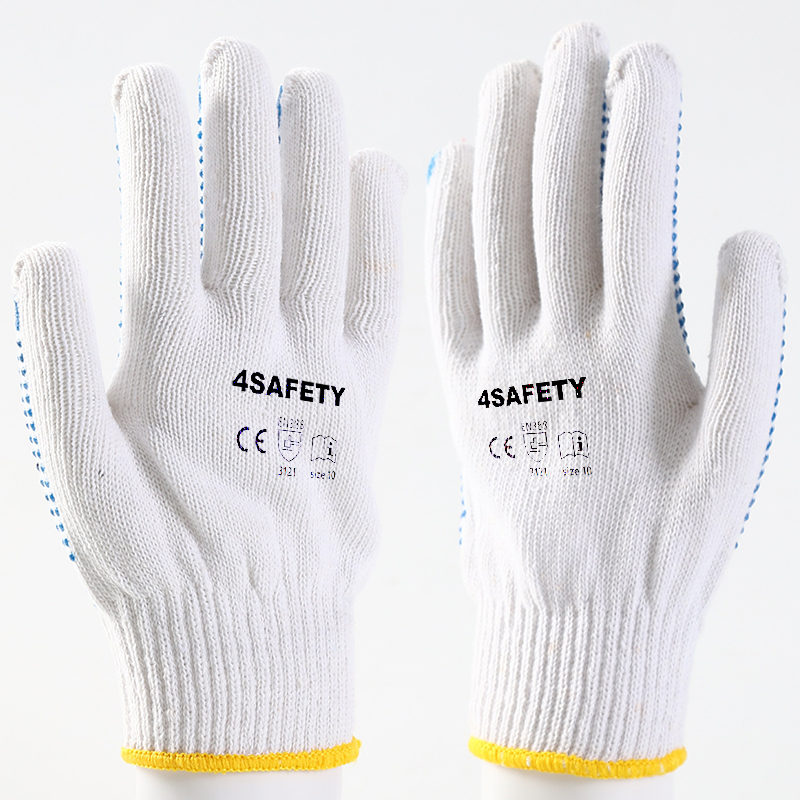 Blue color PVC dotted bleached white cotton gloves