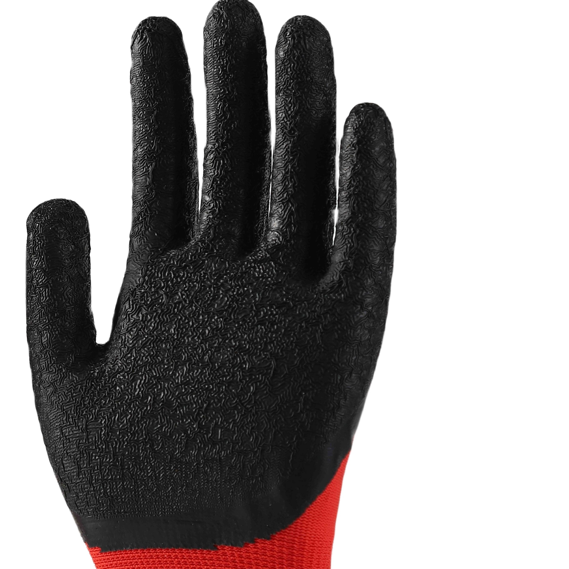 Red polyester with black crinkle latex half coated gloves