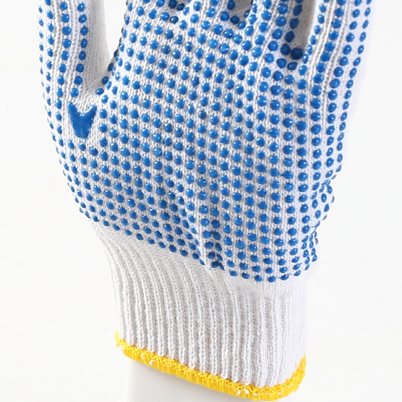 Blue color PVC dotted bleached white cotton gloves