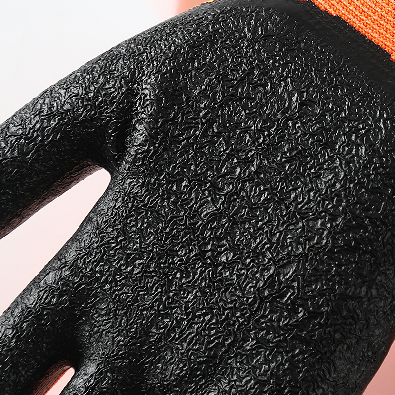                 Orange polyester with black crinkle latex coated gloves            