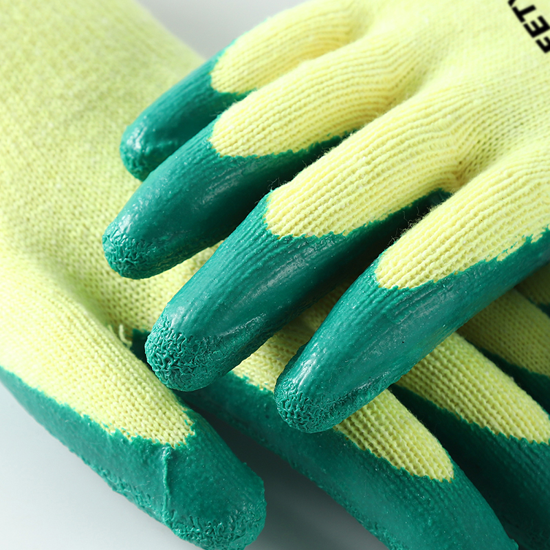 Yellow And Green Latex Coated Crinkle Wrinkle Cotton Gloves