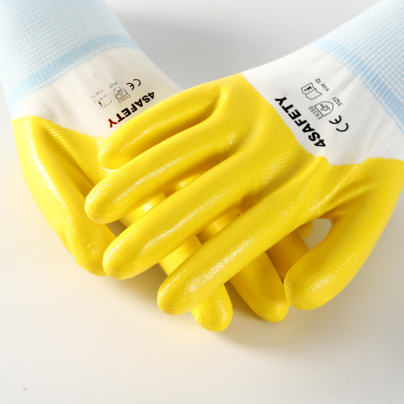 Yellow 13G Polyester Liner Nitrile Half Coated Work Gloves For Sale