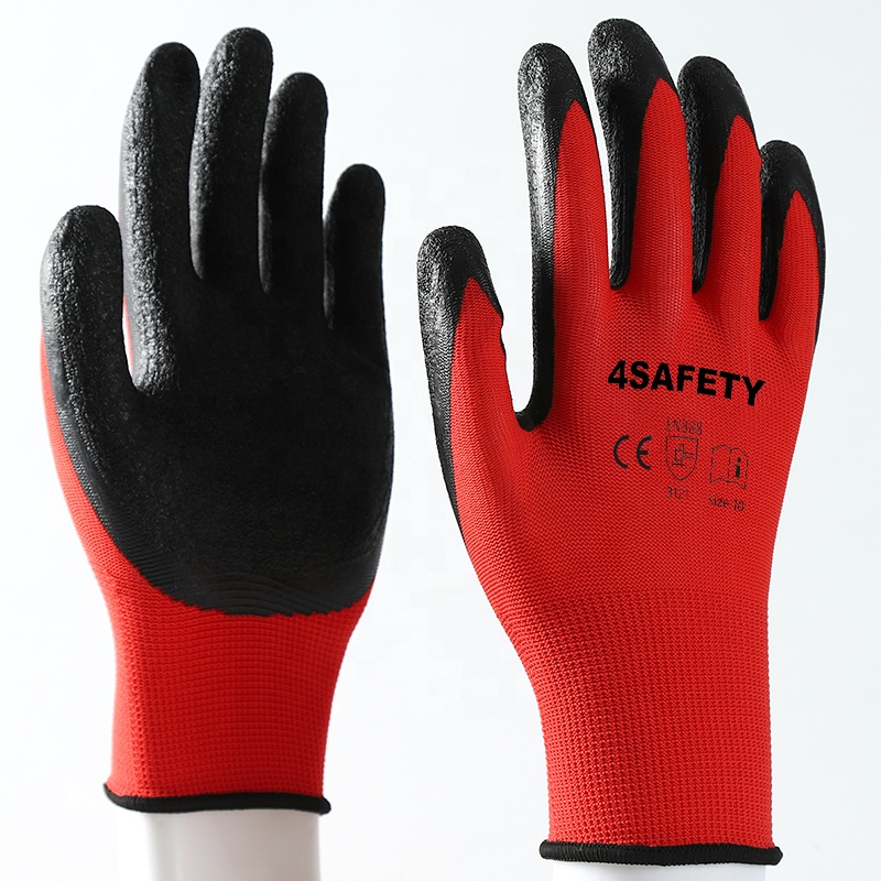 Factory Direct Sale Top Quality Red Nylon Crinkle Coated Black Latex Gloves