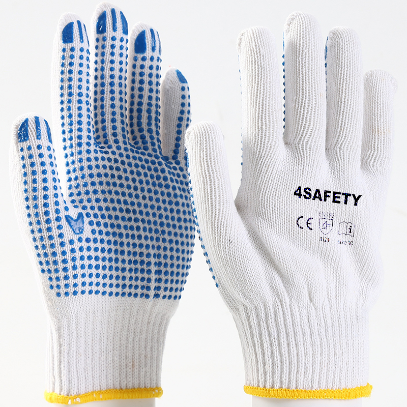                 Blue color PVC dotted bleached white cotton gloves            