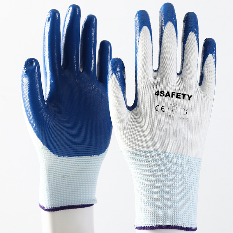                 White polyester with blue nitrile coating gloves            