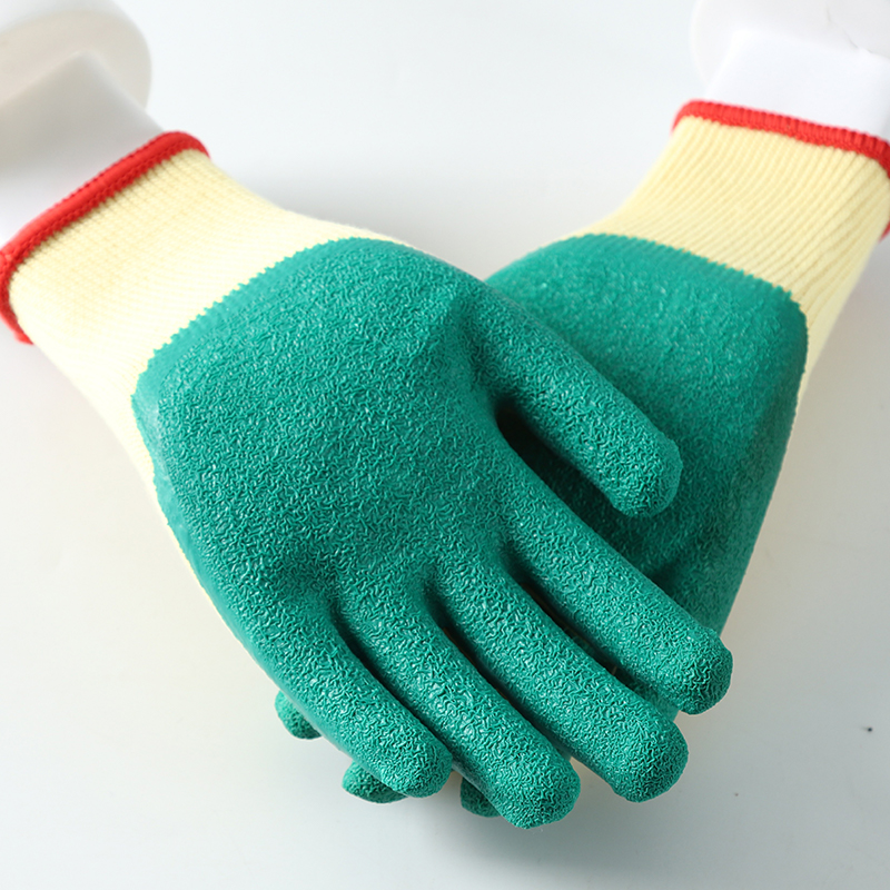                 Yellow cotton  with green latex crinkle coating gloves            