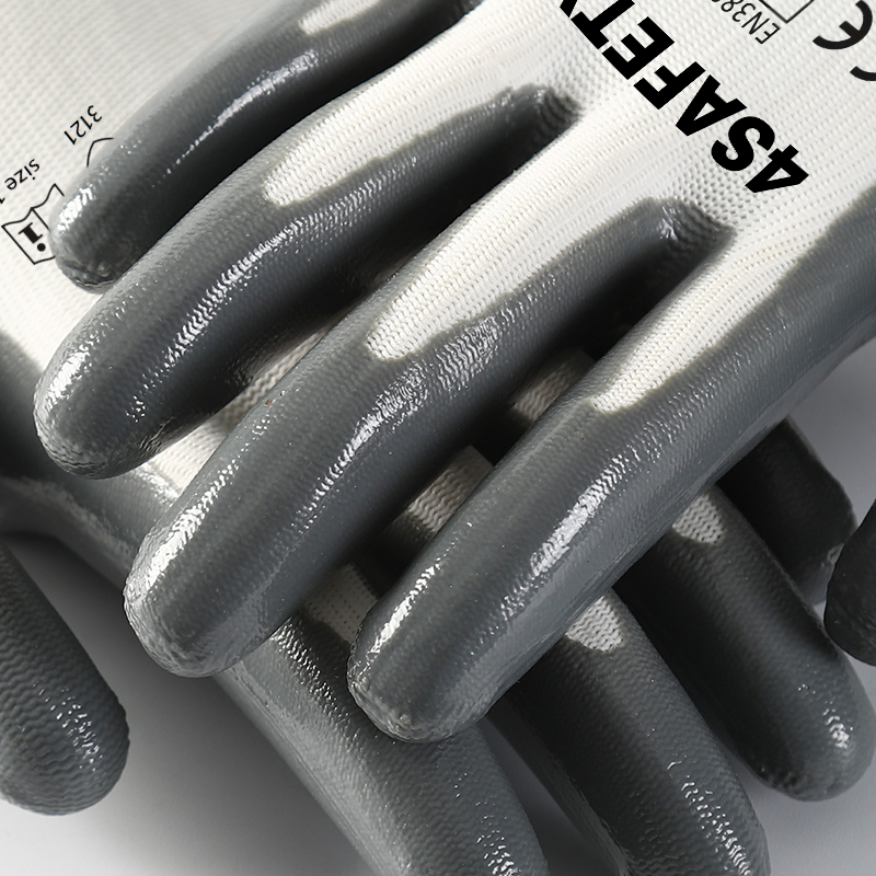                 White polyester with gray nitrile coating gloves            