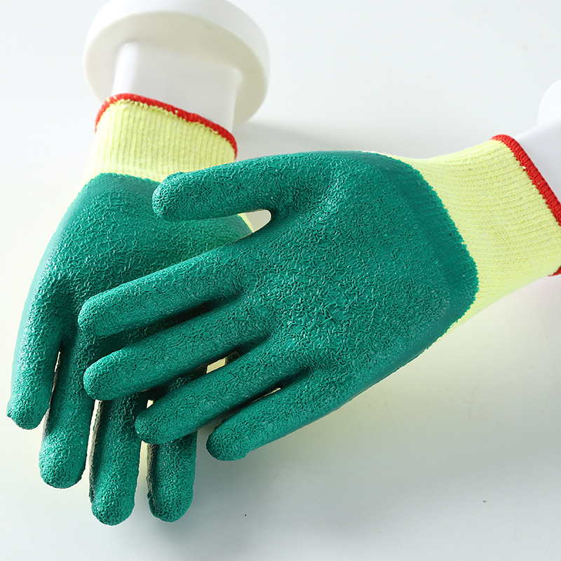 Outdoor Protective Yellow And Green 10 Gauge Crinkle Latex Coated Cotton Glove