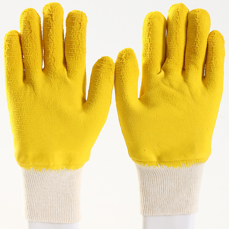Yellow Latex Coated Safety Working Latex Gloves Garden Latex Crinkle Gloves