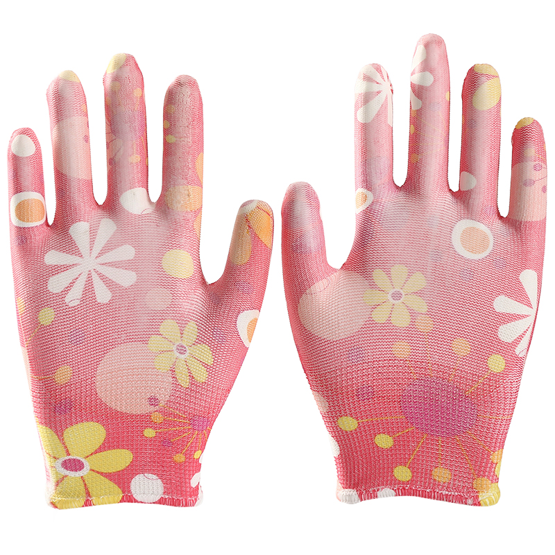 Cheap Red Flower Polyester Shell Nitrile Coated Work Gloves