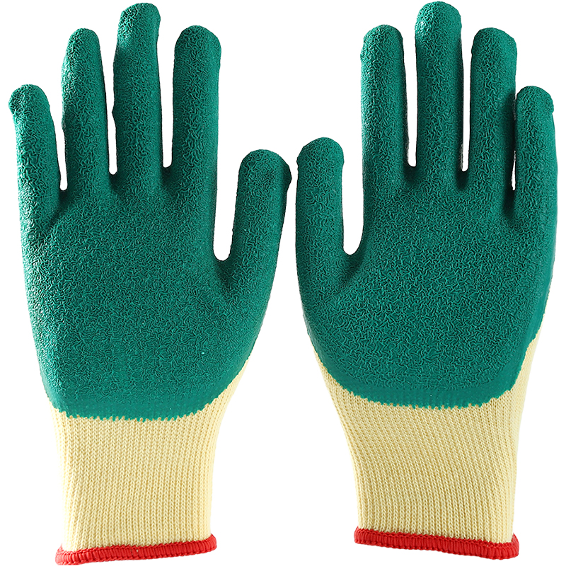                 Yellow cotton  with green latex crinkle coating gloves            