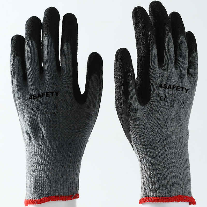Gray And Black 10G Cotton Lined Shell Crinkle Coated Latex Work Gloves