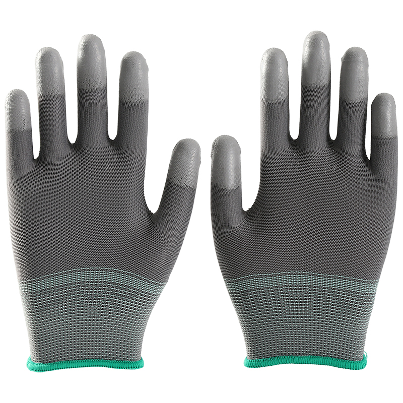 Gray PU Coated Finger Dipping Polyester Gloves