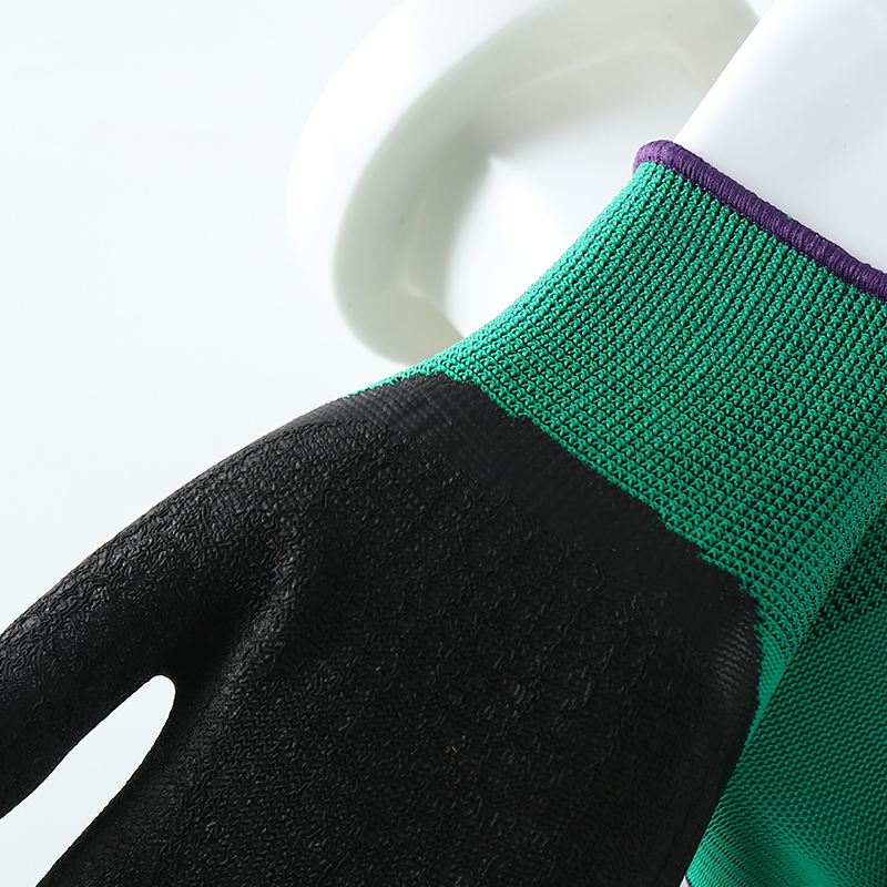                 Green polyester with black crinkle latex coated gloves            
