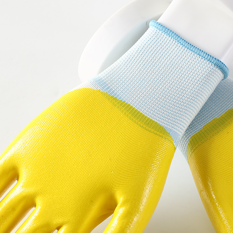 Yellow 13G Polyester Liner Nitrile Half Coated Work Gloves For Sale