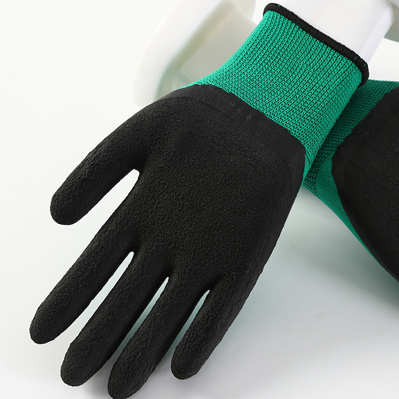 Green And Black Foam Latex Coated Gloves