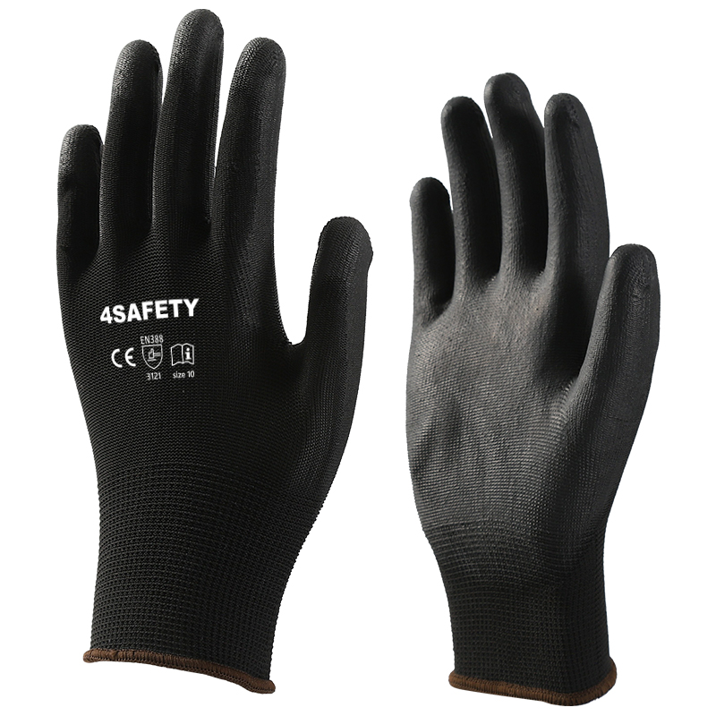  Black Color PU Coated Polyester Safety Gloves