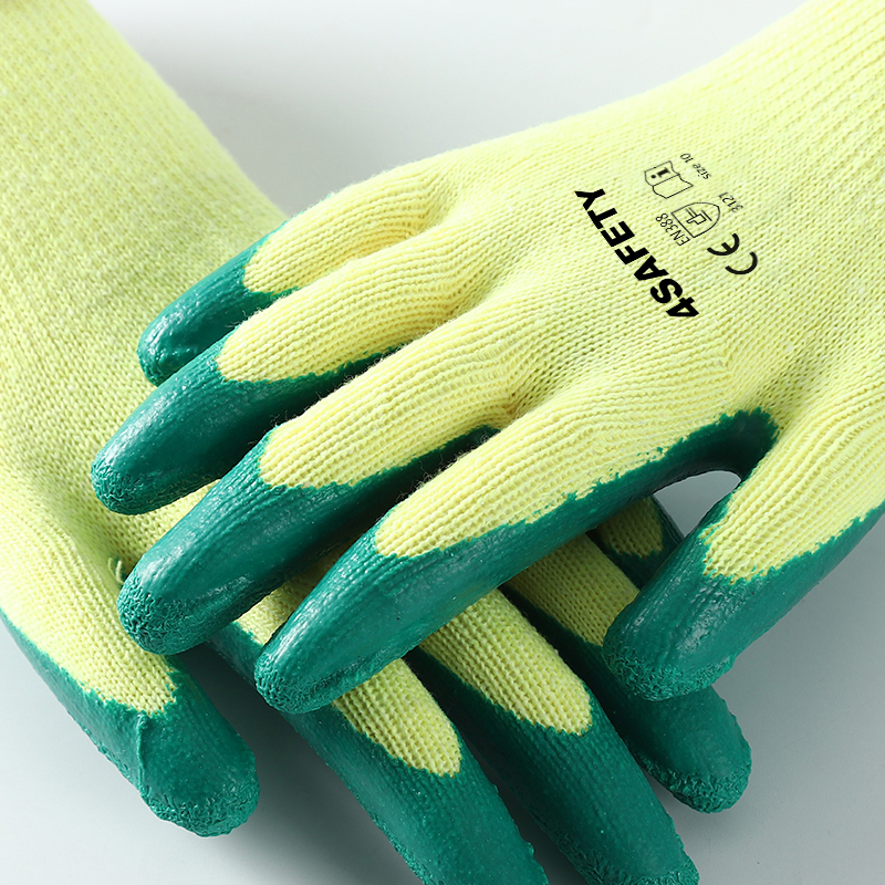 Anti Slip Yellow And Green Cotton String Knitted Yarns Latex Coated Dipped Industrial Construction Gloves