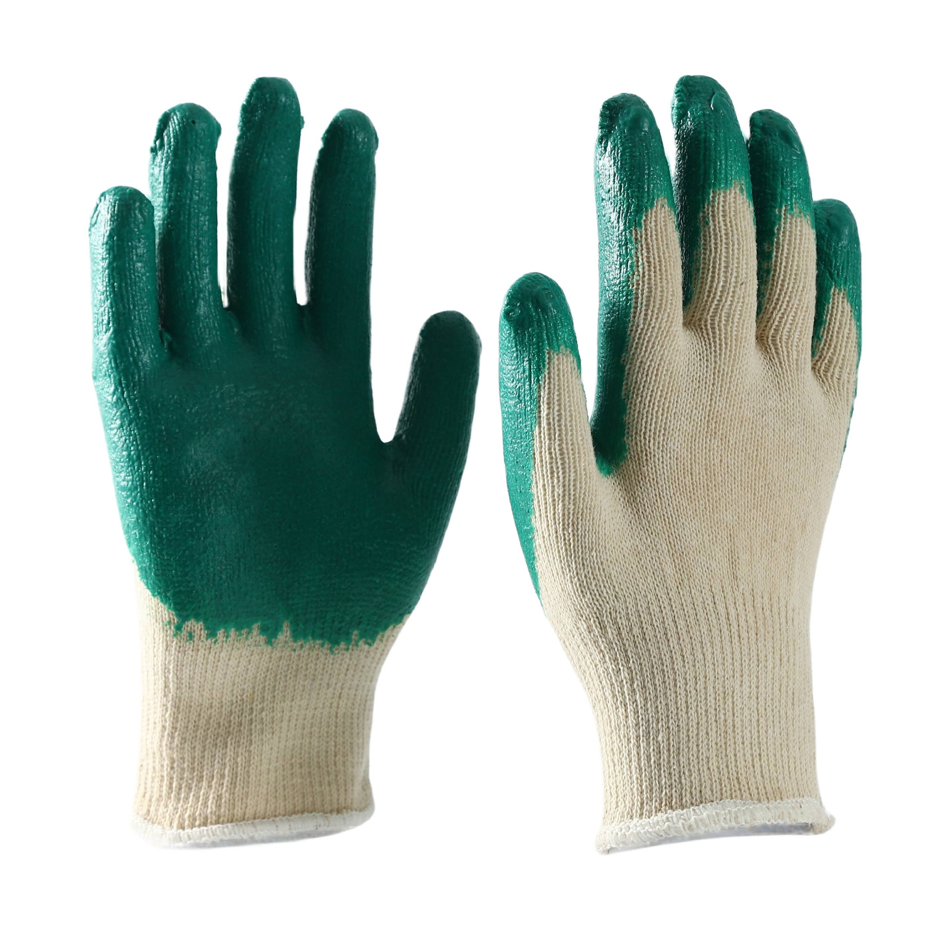                 White cotton with green latex smooth coating gloves            