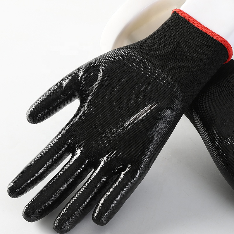 4Safety Construction Black Polyester Liner Palm Coated Black Nitrile Hand Working Gloves