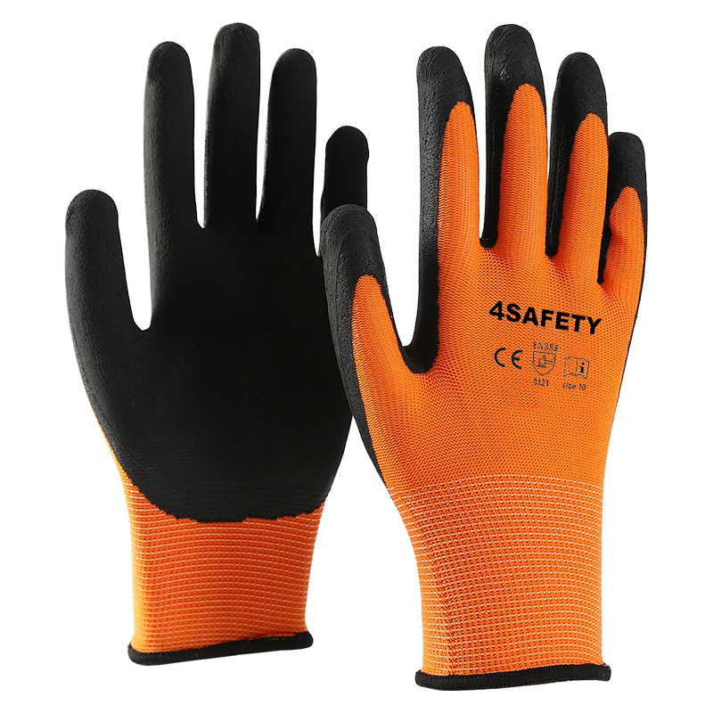 Factory Wholesale Black Orange 13G Polyester Foam Latex Coated Safety Gloves