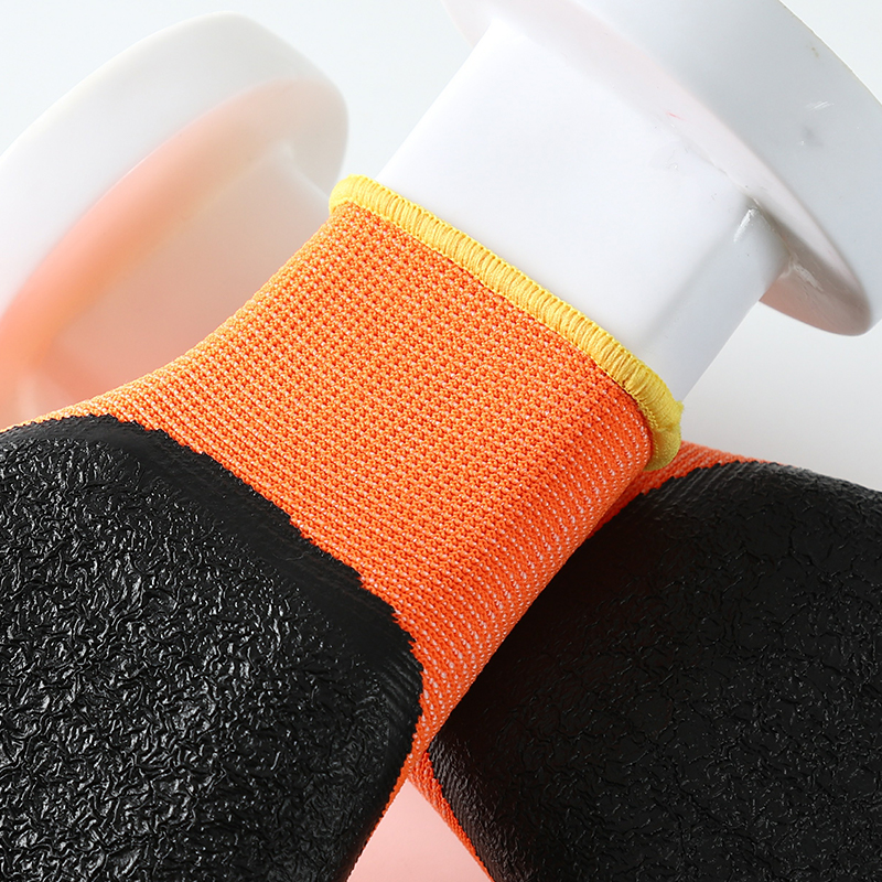                 Orange polyester with black crinkle latex coated gloves            