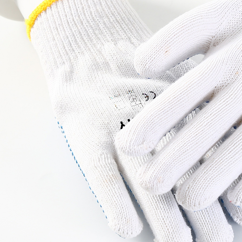 Blue color PVC dotted bleached white cotton gloves