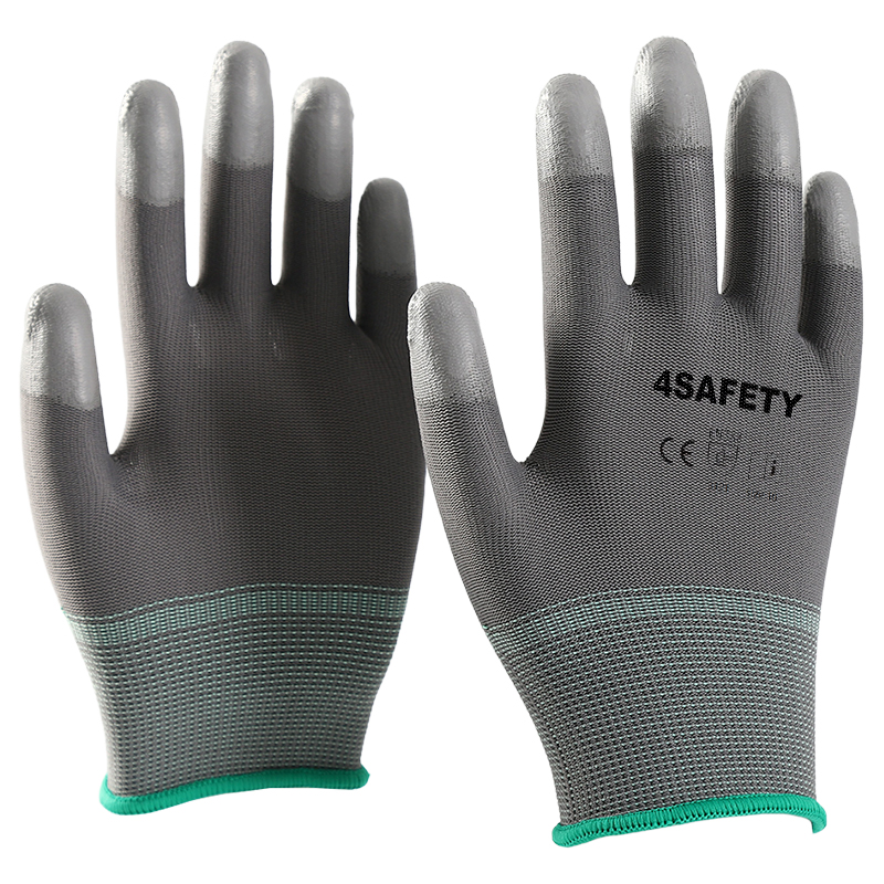Gray PU Coated Finger Dipping Polyester Gloves