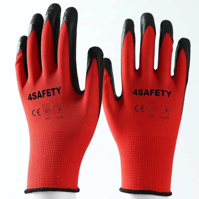 OEM 13G Red Black Working Polyester Latex Coated Crinkle Finish Labor Safety Gloves