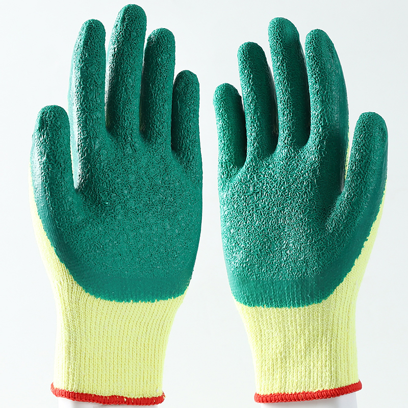 Custom Knit Cotton Lined Green Yellow Double Coating Palm Latex Dipped Gloves