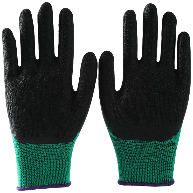 Top Sale Green Black Latex Coated Polyester Gloves for Sale