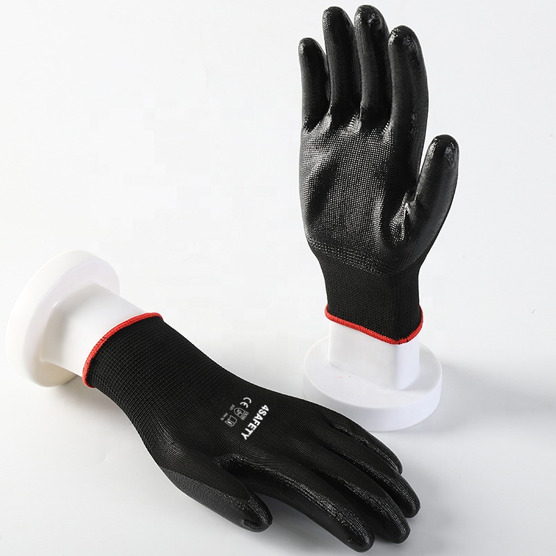 4Safety Construction Black Polyester Liner Palm Coated Black Nitrile Hand Working Gloves