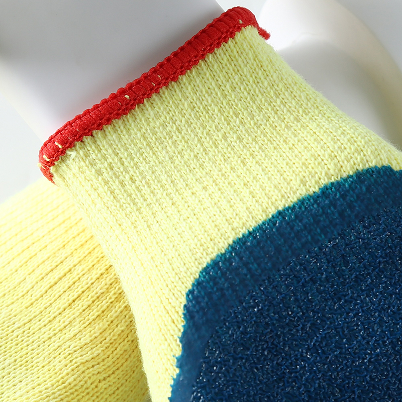                 Yellow cotton  with blue latex crinkle coating gloves            