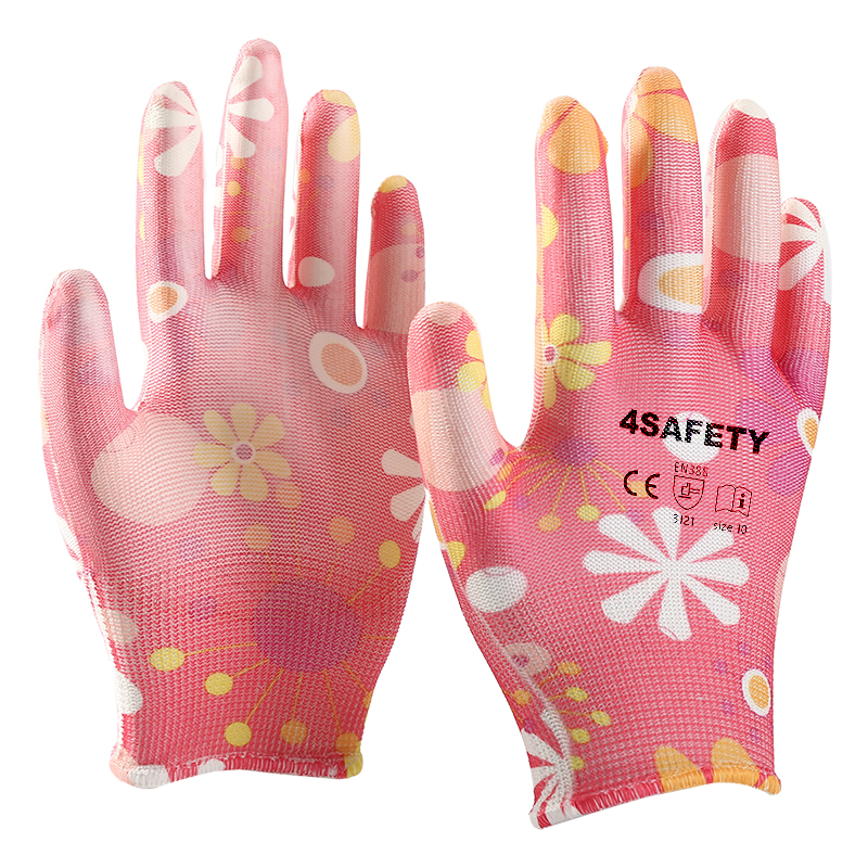 Flower Pattern ESD 13G Polyester Liner Pu Coated Work Gloves Pu Coated Glove