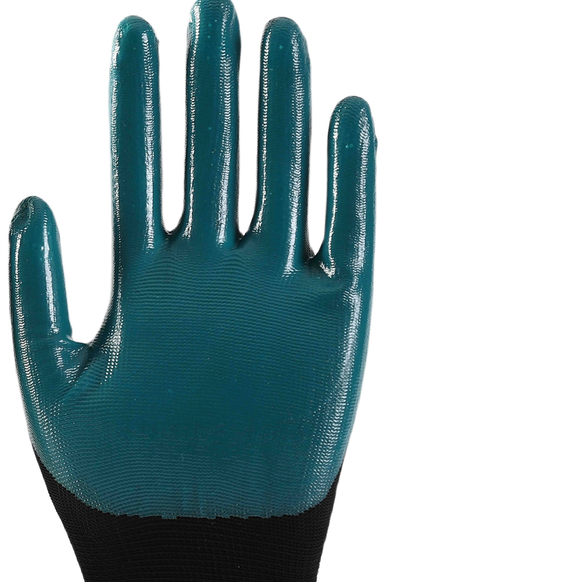                 Blue polyester with black nitrile coating gloves            
