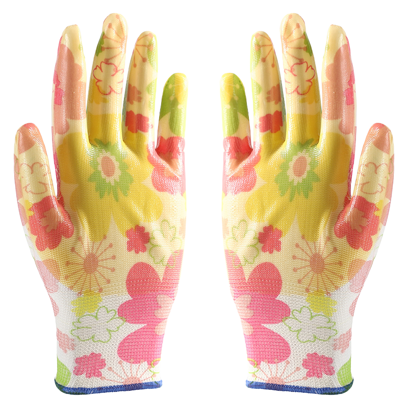 Promotional 13G Polyester Flower Design Shell Waterproof Oil Resistant Safety Gloves