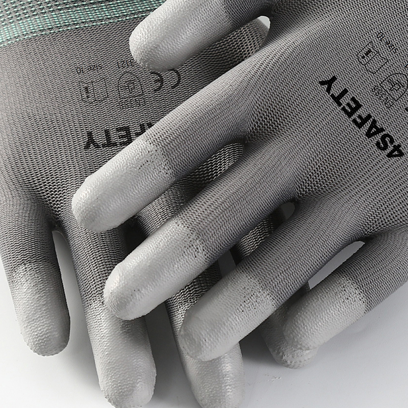 Gray PU Coated Finger Dipping Polyester Gloves