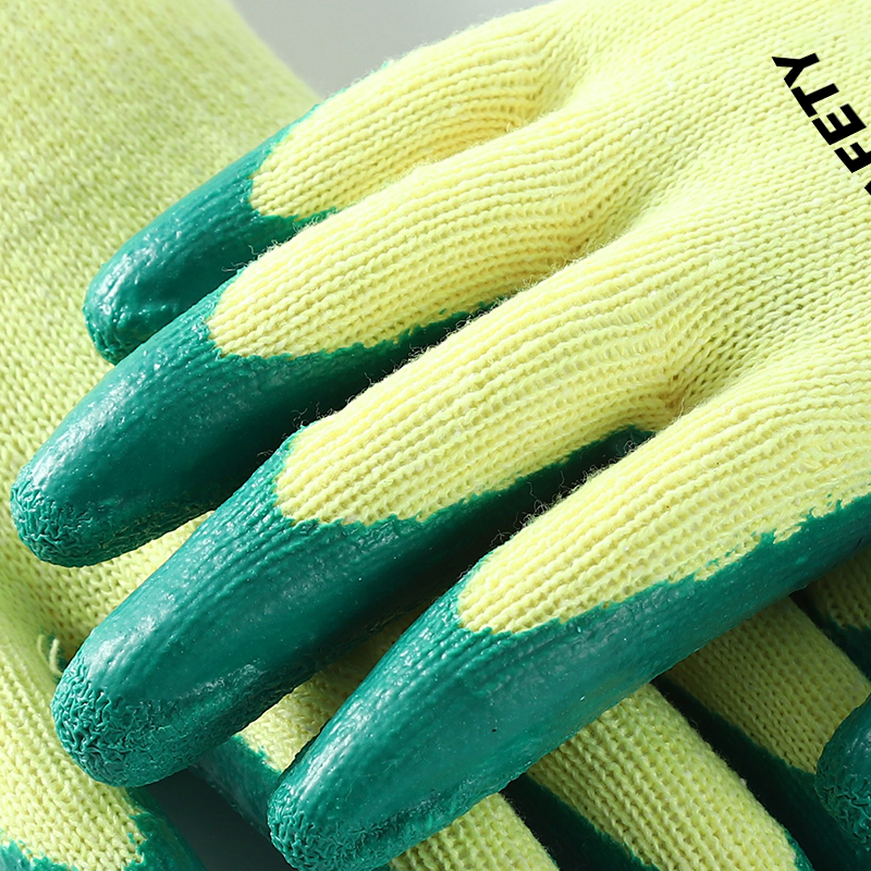 Custom Knit Cotton Lined Green Yellow Double Coating Palm Latex Dipped Gloves