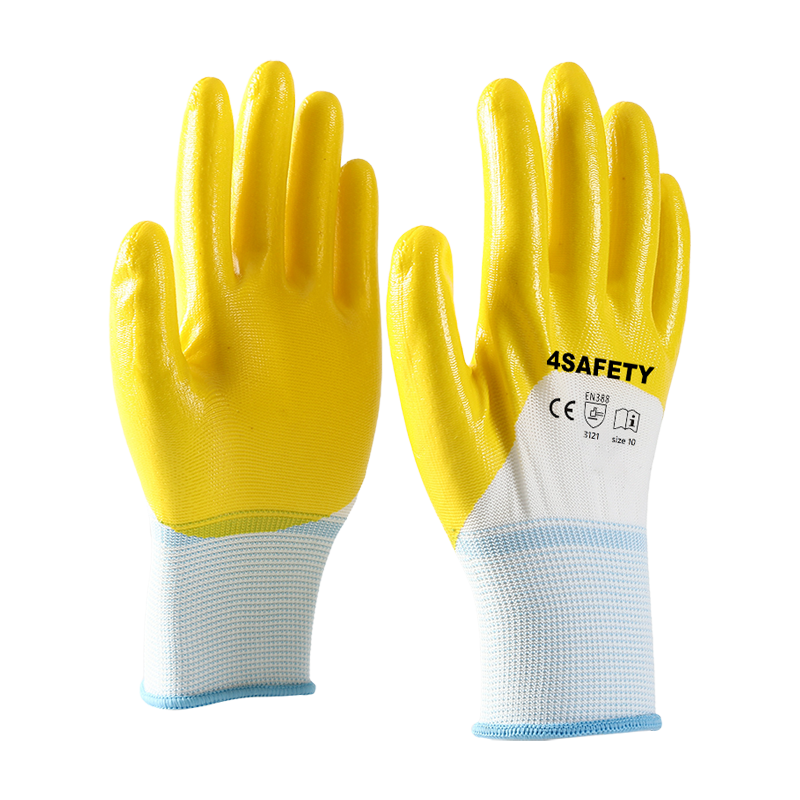 Yellow Color 13G Red Polyester Liner Nitrile Coated Gloves Industrial Working Gloves