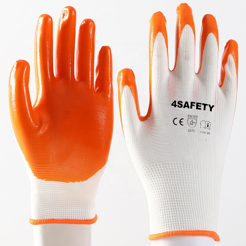White 13 Gauge Polyester Orange Nitrile Palm Coated Work Gloves For Sale