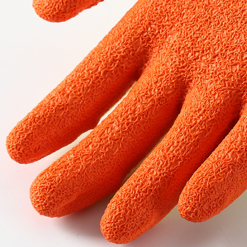                Yellow cotton  with orange latex crinkle coating gloves            