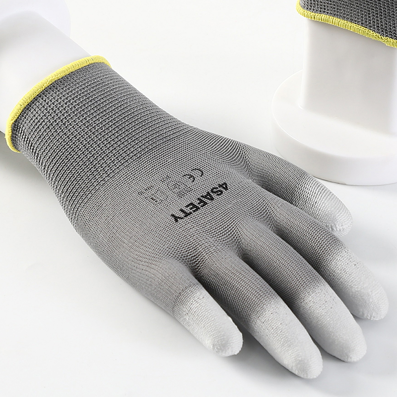 Hot Sale Grey Pu Finger Coated Glowes Working Polyester Lining Pu Dipping Safety Working Gloves